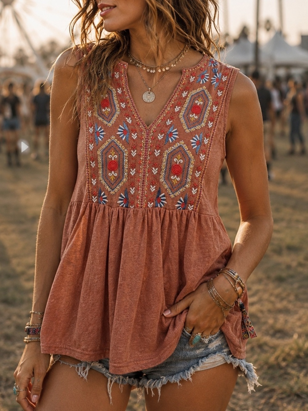 Anthropologie Solitaire Embroidered Peplum Tank Top Boho Sleeveless Blouse Small